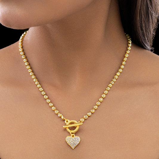 PRANJO Anti-Tarnish AD-Studded Heart Charm Necklace with T-Lock
