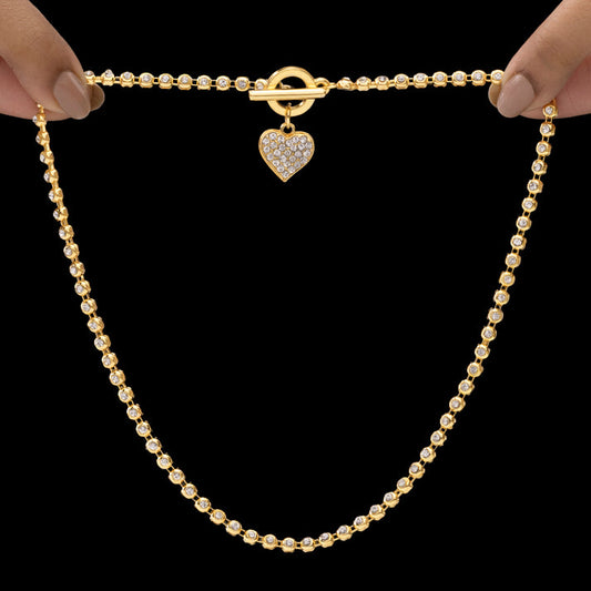 PRANJO Anti-Tarnish AD-Studded Heart Charm Necklace with T-Lock