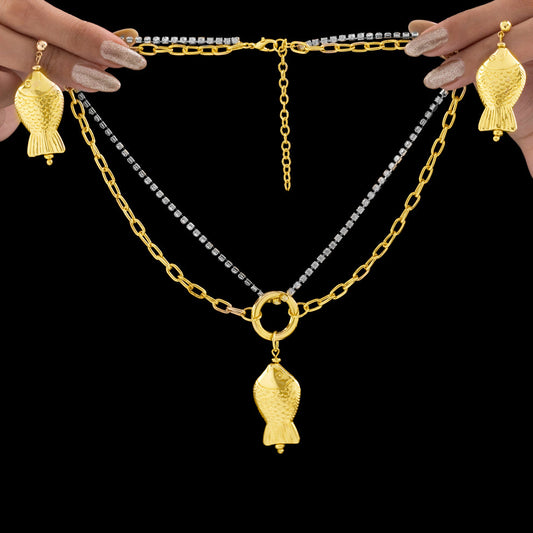 PRANJO Anti-Tarnish Fish Necklace Set With Earrings