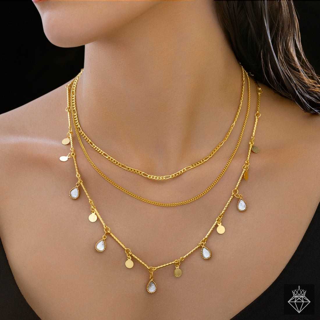 PRANJO Anti-Tarnish Triple Layer Golden Chain & Charms Necklace