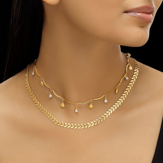 PRANJO Anti-Tarnish Double Layer Chevron Chain with Shell Charms Necklace