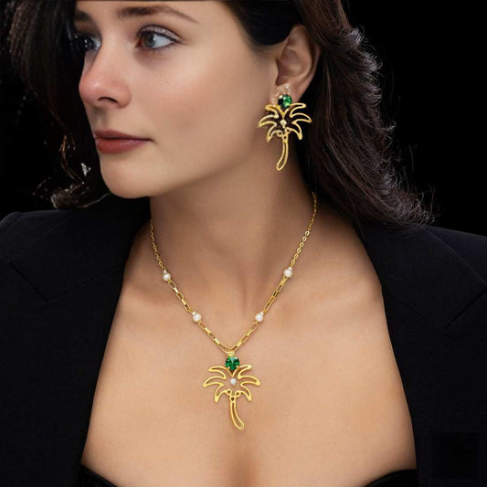 PRANJO Anti-Tarnish Palm Tree Necklace Set With Earrings
