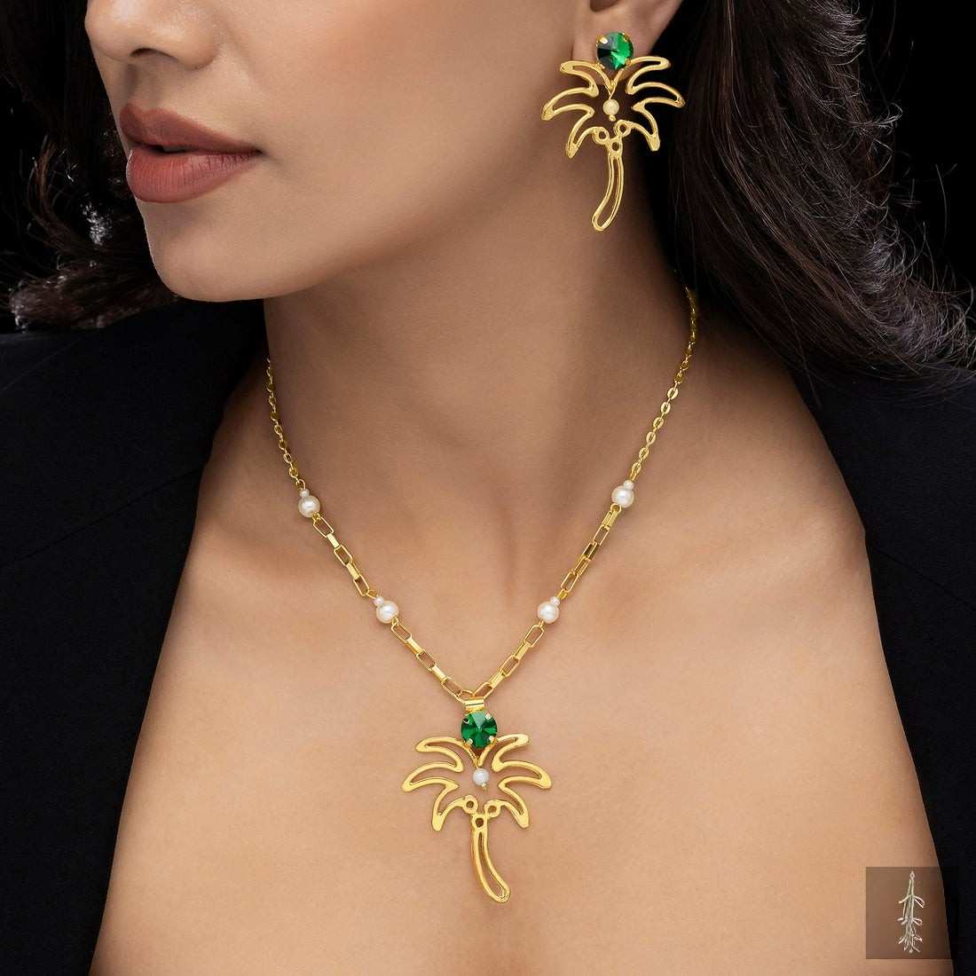 PRANJO Anti-Tarnish Palm Tree Necklace Set With Earrings