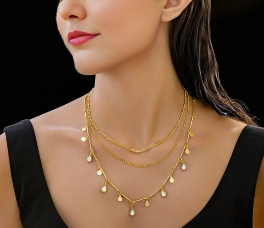PRANJO Anti-Tarnish Triple Layer Golden Chain & Charms Necklace
