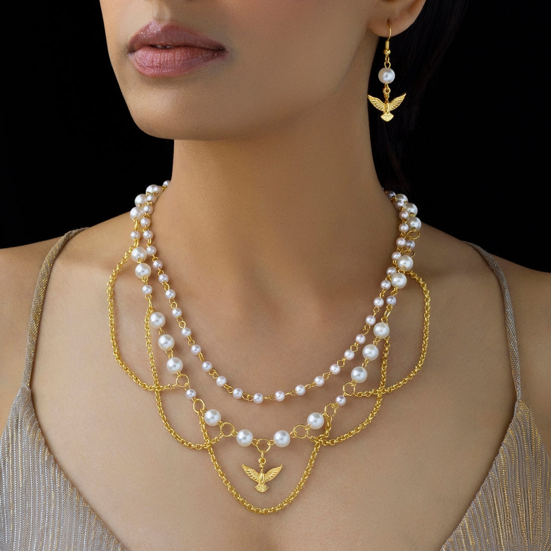 PRANJO Anti-Tarnish Pearls & Bird Necklace Set With Earrings