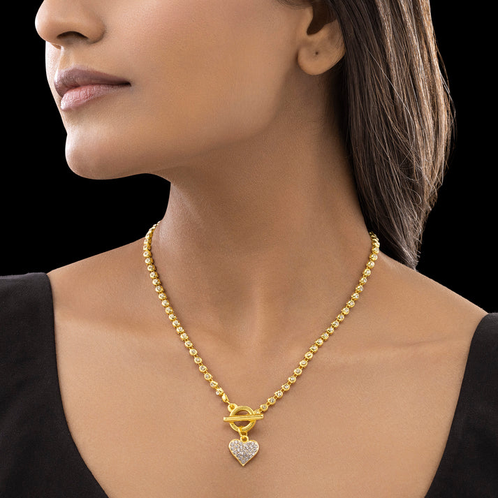 PRANJO Anti-Tarnish AD-Studded Heart Charm Necklace with T-Lock