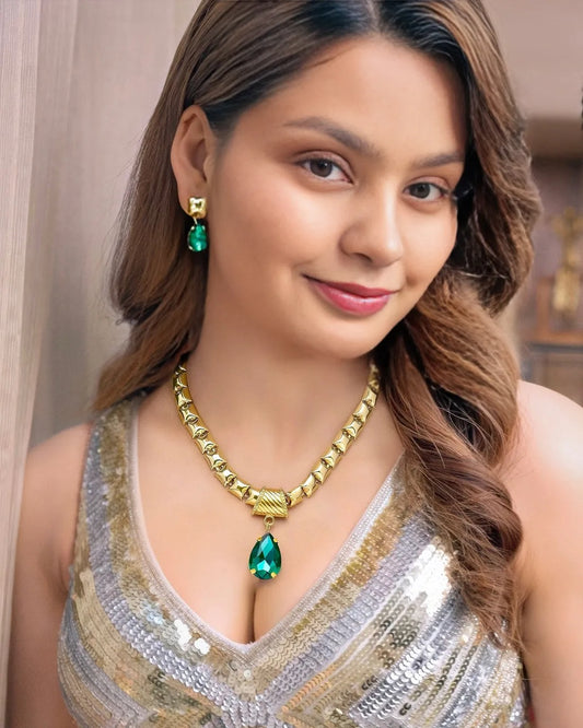 PRANJO Anti-Tarnish Emerald Crystal Necklace Set With Earrings