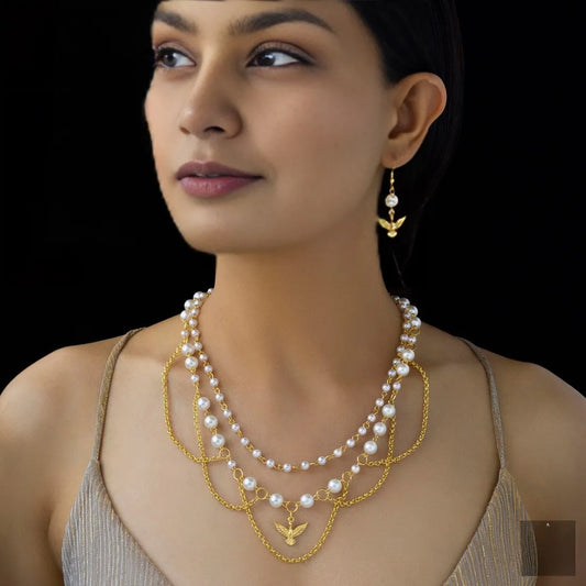 PRANJO Anti-Tarnish Pearls & Bird Necklace Set With Earrings