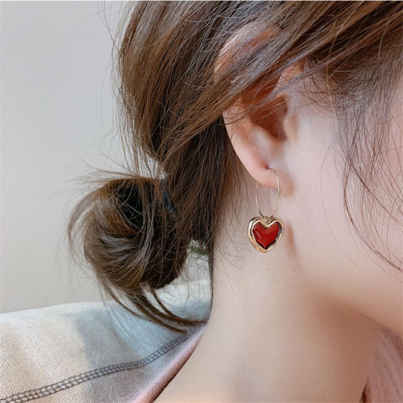 Korean Red Heart Gold Hoop Dangle Earrings
