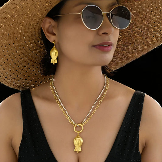 PRANJO Anti-Tarnish Fish Necklace Set With Earrings
