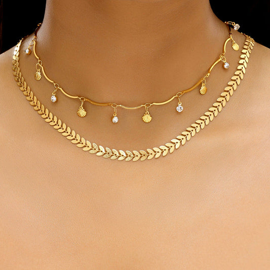 PRANJO Anti-Tarnish Double Layer Chevron Chain with Shell Charms Necklace