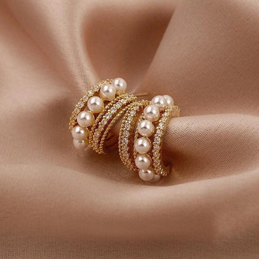 Korean Multi-Layer Pearl Crystal Gold Cuff Earrings