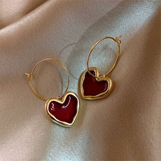 Korean Red Heart Gold Hoop Dangle Earrings