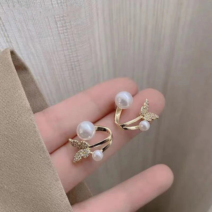 Pranjo Elegant Pearl Butterfly Earrings – Dual Pearl & Crystal Wing Studs