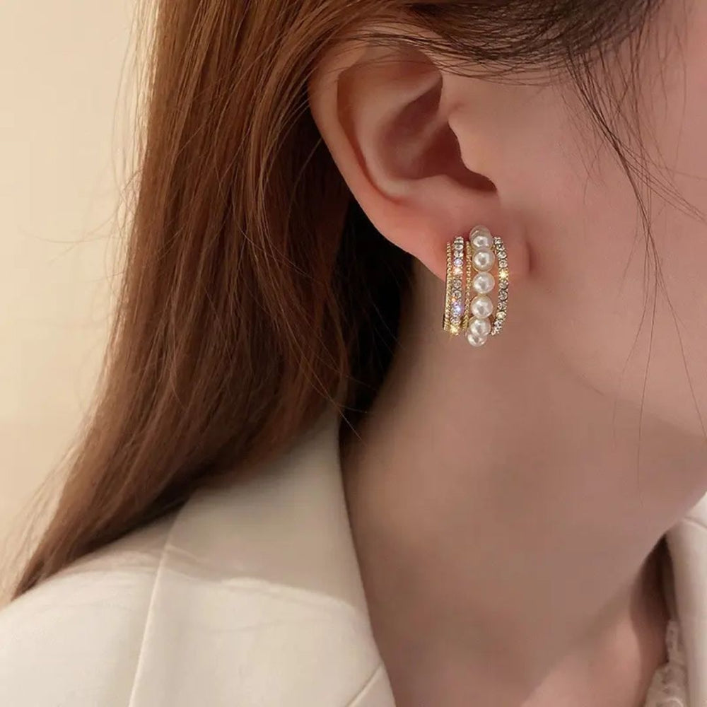 Korean Multi-Layer Pearl Crystal Gold Cuff Earrings