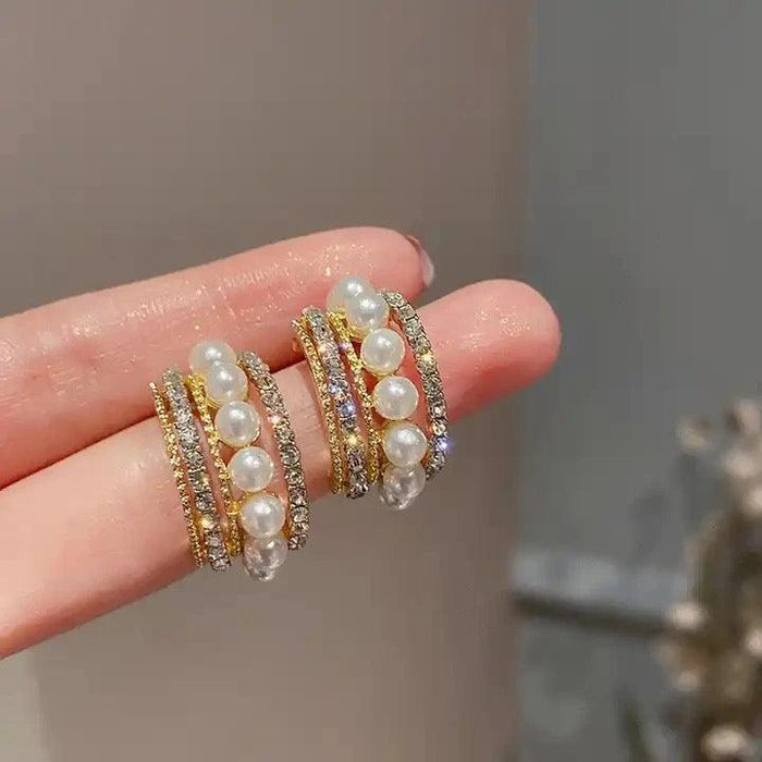 Korean Multi-Layer Pearl Crystal Gold Cuff Earrings