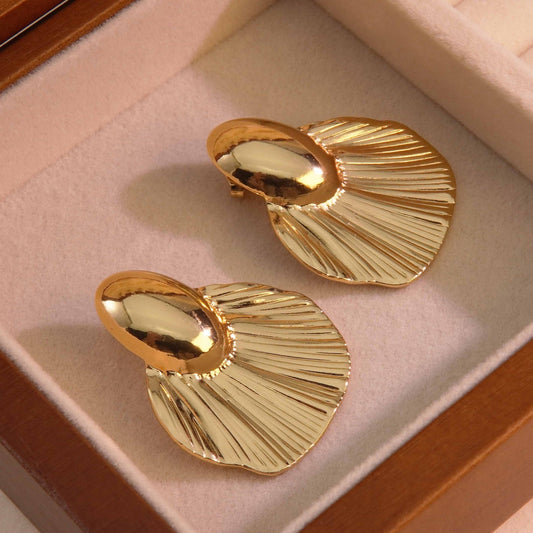 Korean Textured Gold Fan Statement Stud Earrings