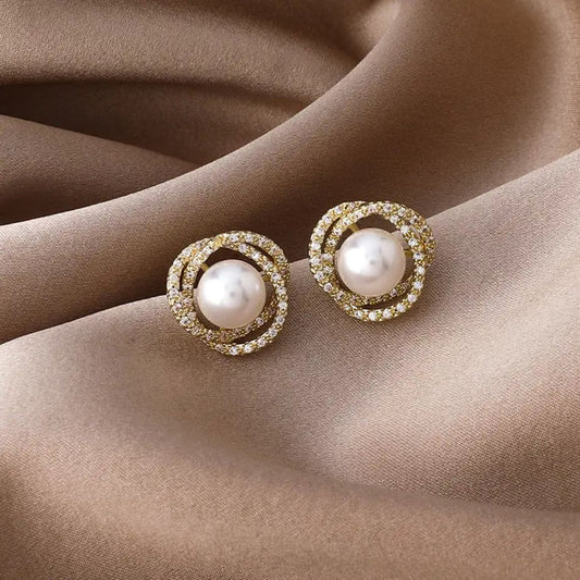 Korean Elegant Pearl Crystal Stud Earrings