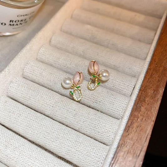 Korean Floral Pearl Rosebud Stud Earrings